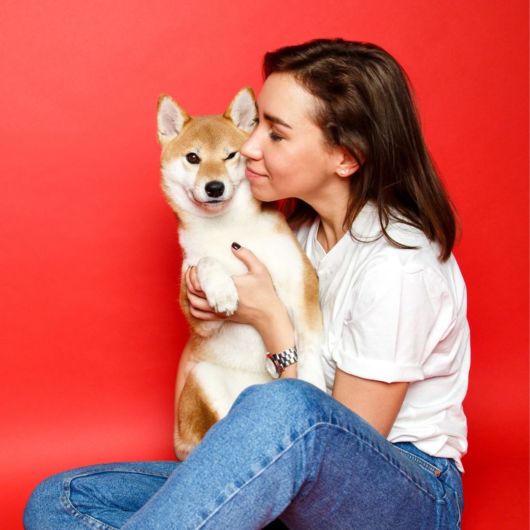mulher-abracando-um-cachorro-shiba-inu-em-fundo-vermelho-castracao-cvp